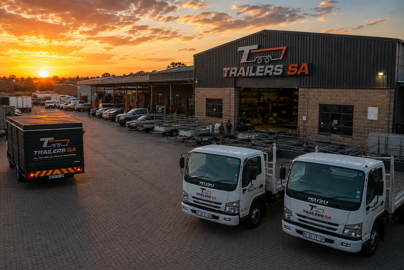 TRAILERS SA yard in Hartswater, Northern Cape, at sunset with delivery trucks and trailers